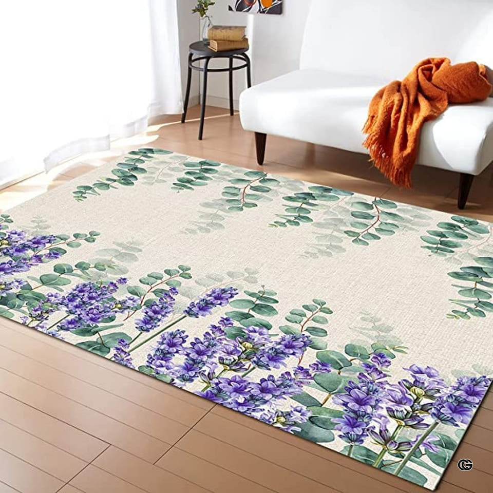 Botanical purple lavender flowers and green eucalyptus leaves along the border of an area rug
