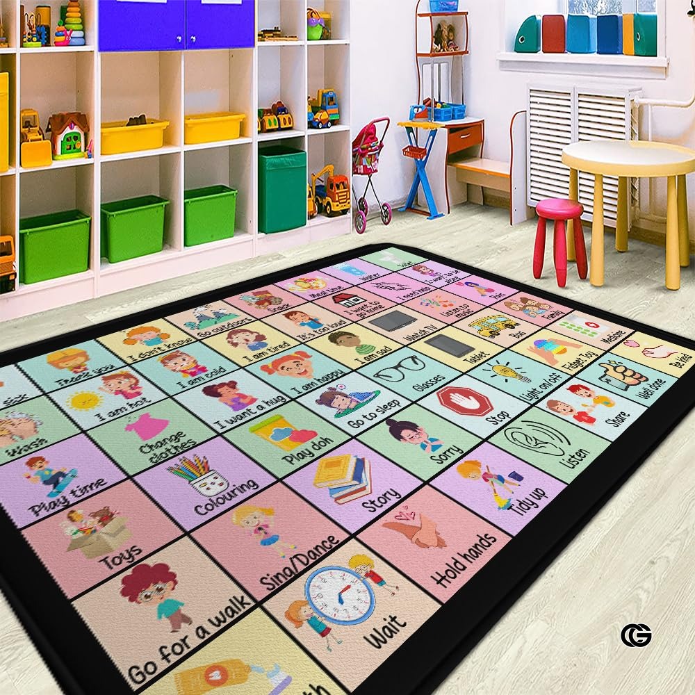 Core Vocabulary Rug, Communication Rugs for Kids Sped Classroom Rug, Autism Carpet, Speech Therapist Decor, Classroom Carpet, Back to School Mat for Kids Room Decor (STYLE-DS02, X-Small (2x3 feet))