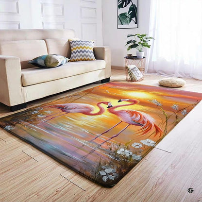 Detailed visual of shoreline blossoms and decorative accent water reflections on a scenic flamingo landscape rug. - thumbnail image 7 of 7