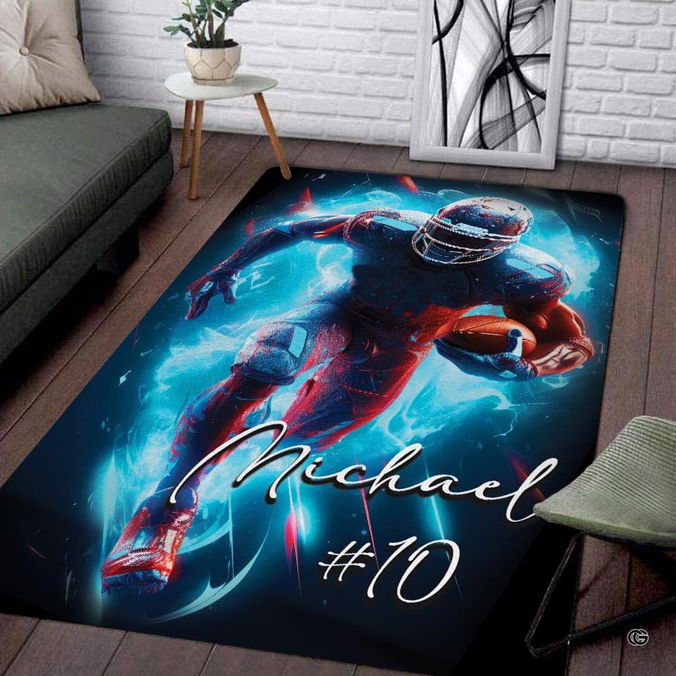 Football player area rug displaying energetic runner amidst blue electric sparks.