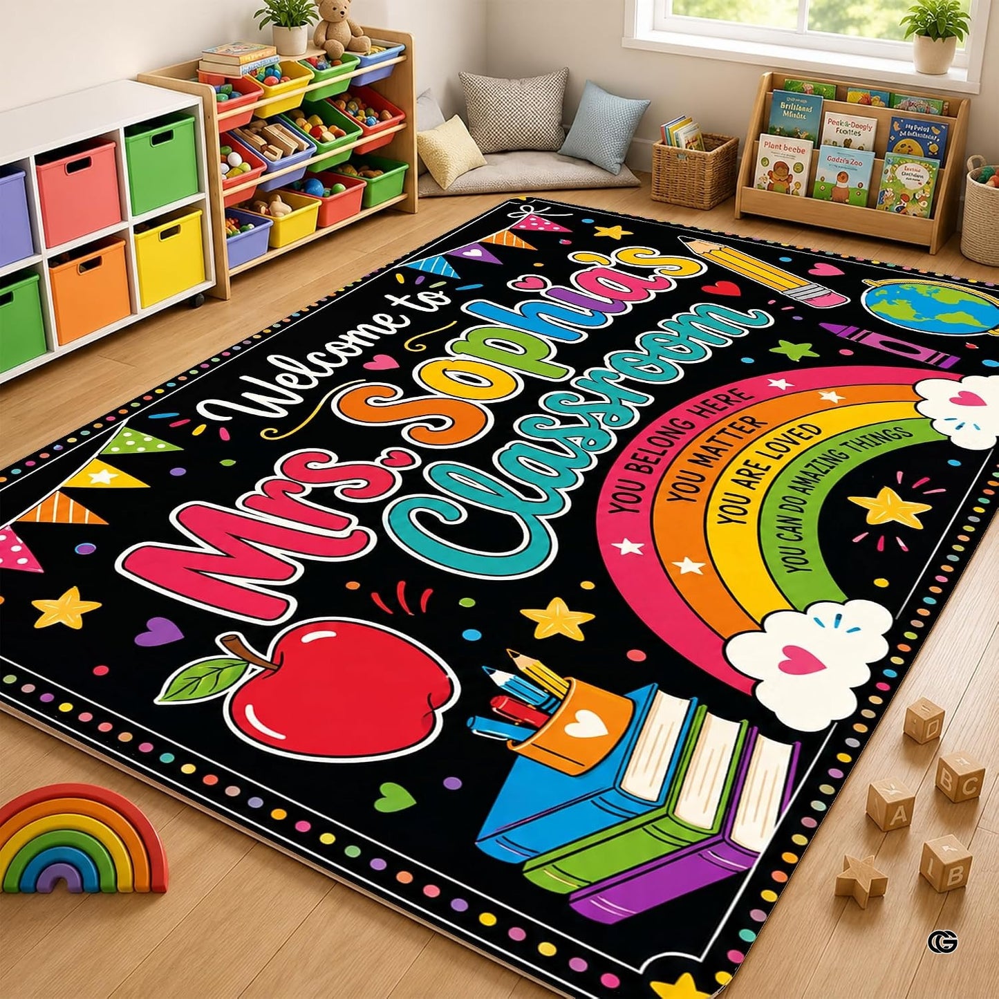 Personalized Teacher Classroom Rug, Custom Back to School Welcome Mat with Name, Kindergarten Preschool Elementary Decor, Composition Notebook Carpet (A10)