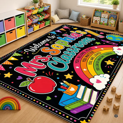 Personalized Teacher Classroom Rug, Custom Back to School Welcome Mat with Name, Kindergarten Preschool Elementary Decor, Composition Notebook Carpet (A10)