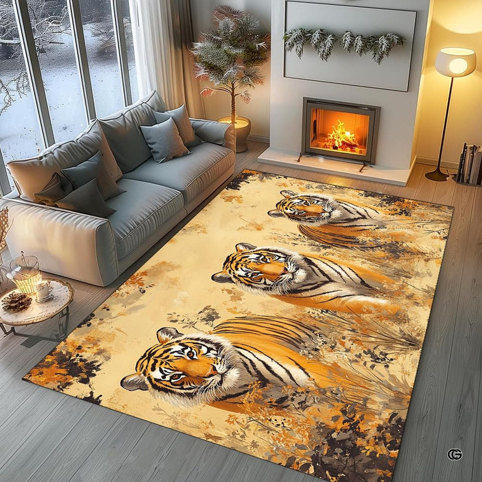 Golden savanna Bengal tiger trio living room area rug in front of sofa and fireplace