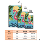 Artistic detail of a textured yellow sun and tropical palm greenery on a decorative flamingo area rug. - thumbnail image 5 of 7