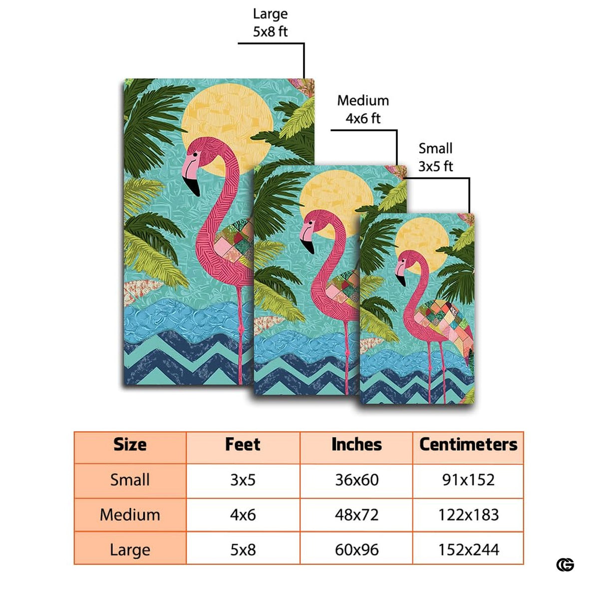 Artistic detail of a textured yellow sun and tropical palm greenery on a decorative flamingo area rug. - image 5 of 7