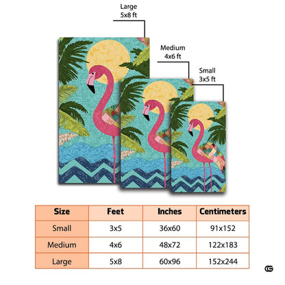 Artistic detail of a textured yellow sun and tropical palm greenery on a decorative flamingo area rug. - thumbnail image 5 of 7