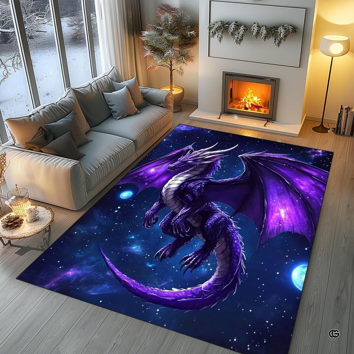 Close view highlighting the vivid purple dragon artwork, planetary orbs, and radiant nebula accents.