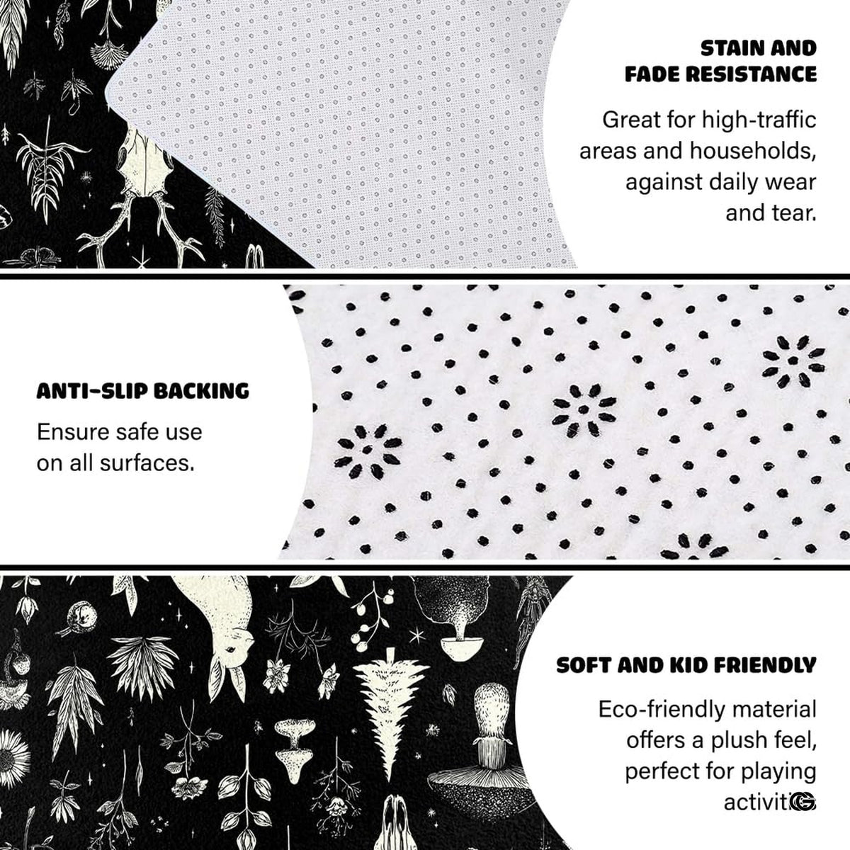 Visual proportion guide illustrating small 3x5, medium 4x6, and large 5x8 area rug dimensions