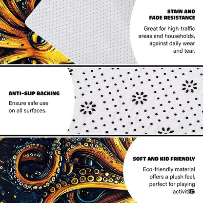 Anti-slip dot backing and clean hemmed edge stitching on golden octopus rug - thumbnail image 4 of 7