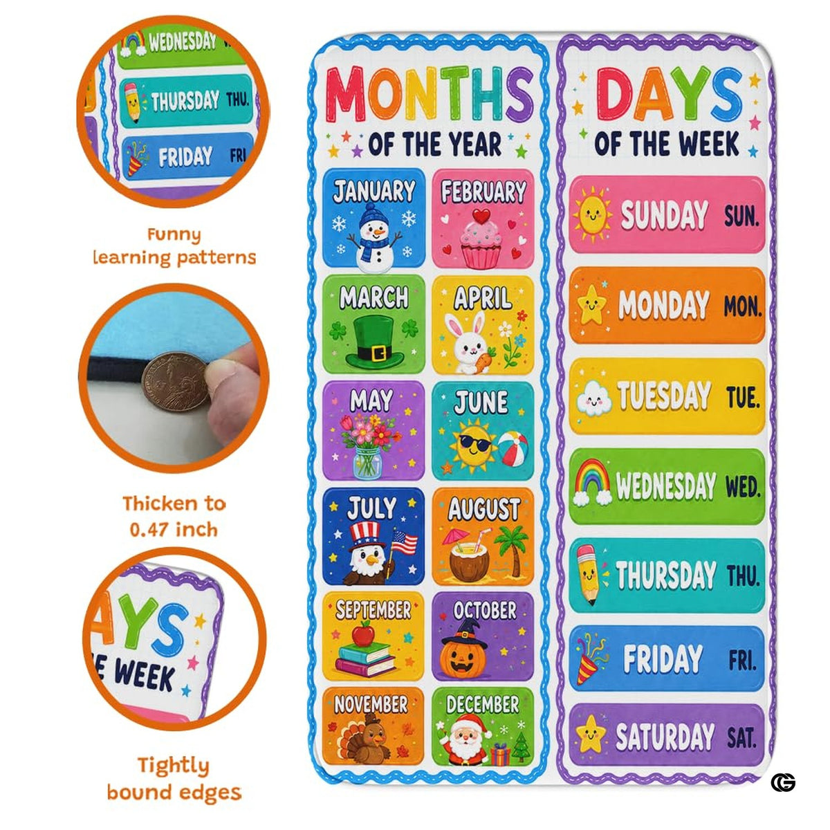 Overhead shot of children educational calendar area rug accenting a brightly decorated study room.