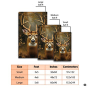 Detail view of whitetail stag branching antlers on a rustic woodland wildlife rug - thumbnail image 2 of 7