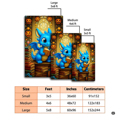 Adorable cute chibi blue baby dragon reading an open book seated on stacks of library books area rug. - thumbnail image 8 of 8