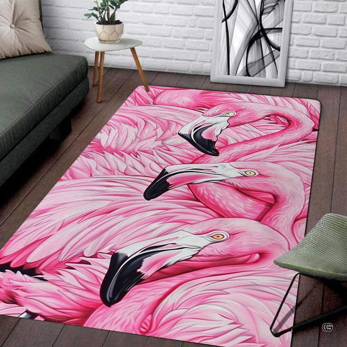 Pink flamingo trio feathers living room area rug in a modern living space - image 1 of 7