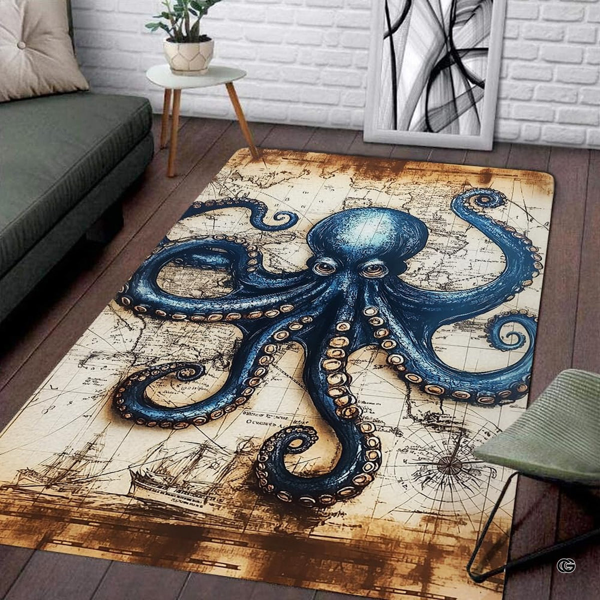 Vintage nautical map blue octopus illustration rectangular area rug.