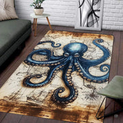 Vintage nautical map blue octopus illustration rectangular area rug. - thumbnail image 1 of 7