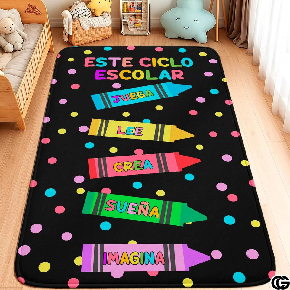 Personalized Spanish Alphabet Area Rug with Teacher Name for Elementary Classrooms