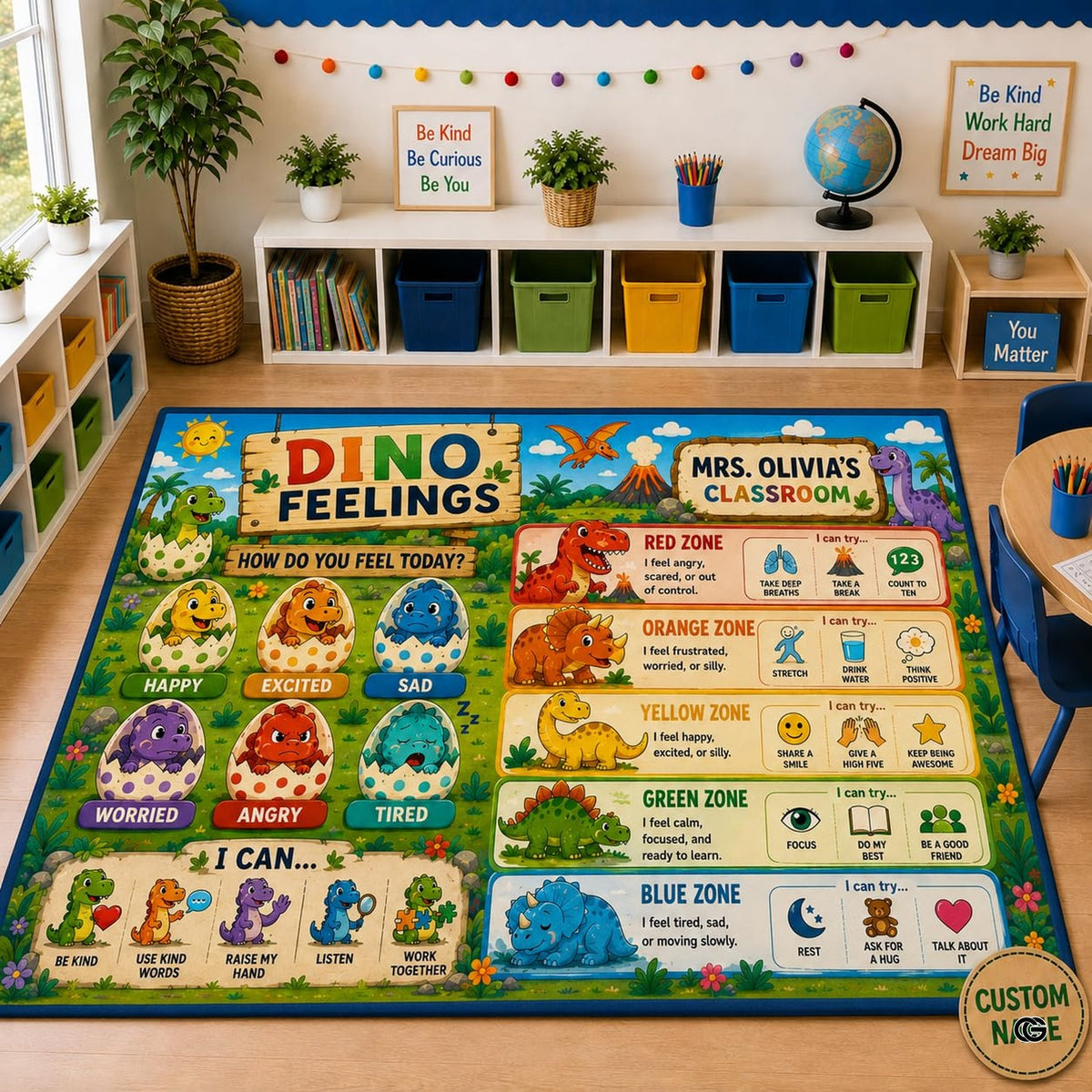 Classroom Area Rug displaying emotional dinosaurs as safe area rugs for elderly family members.