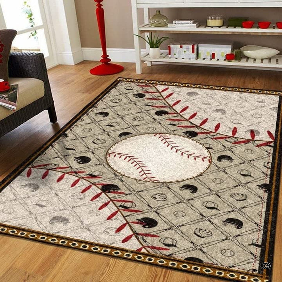 Full view of vintage baseball area rug featuring crossed bats, equipment sketches, and central baseball ball.