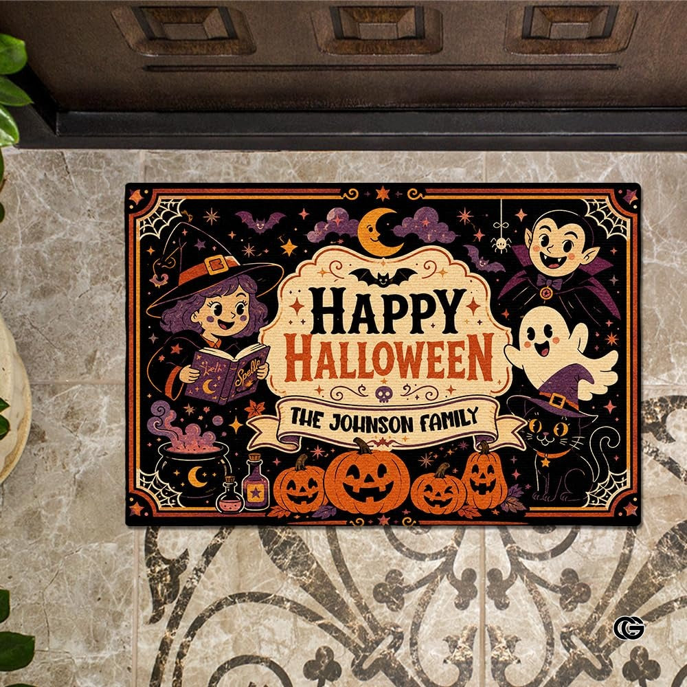 Halloween Door Mat Outdoor, Custom Spooky Welcome Mat with Black Cat and Pumpkin, Fall Front Door Mat for Porch Entryway Decor #2