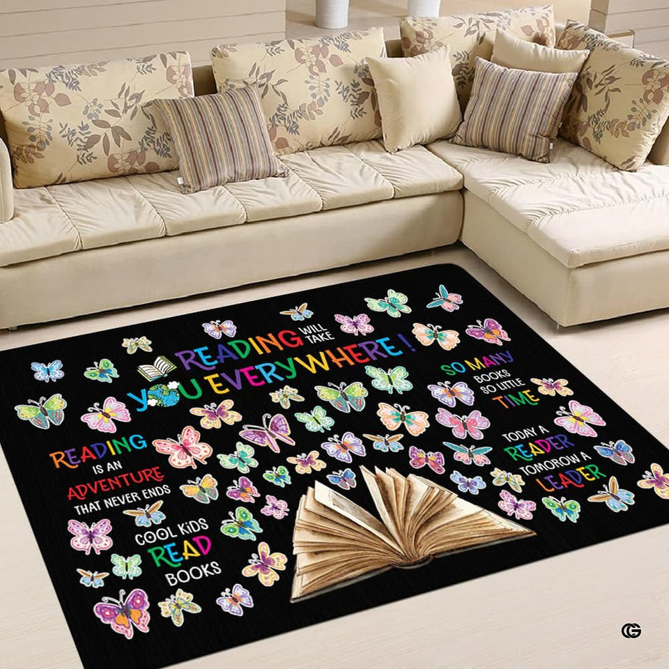 Butterfly classroom rug showcasing an open storybook graphic with pastel butterflies on a black textured background.