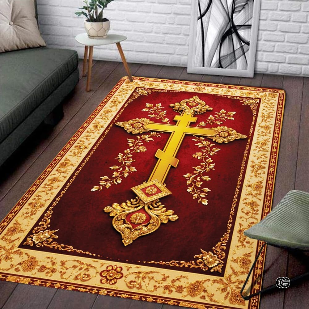 Personalized Orthodox Christian Area Rug, Custom Eastern Orthodox Russian Greek Byzantine Non-Slip Rug for Women Men, IC XC Nika Cross Mat for Living Room, Bedroom, Church Decor (D10)