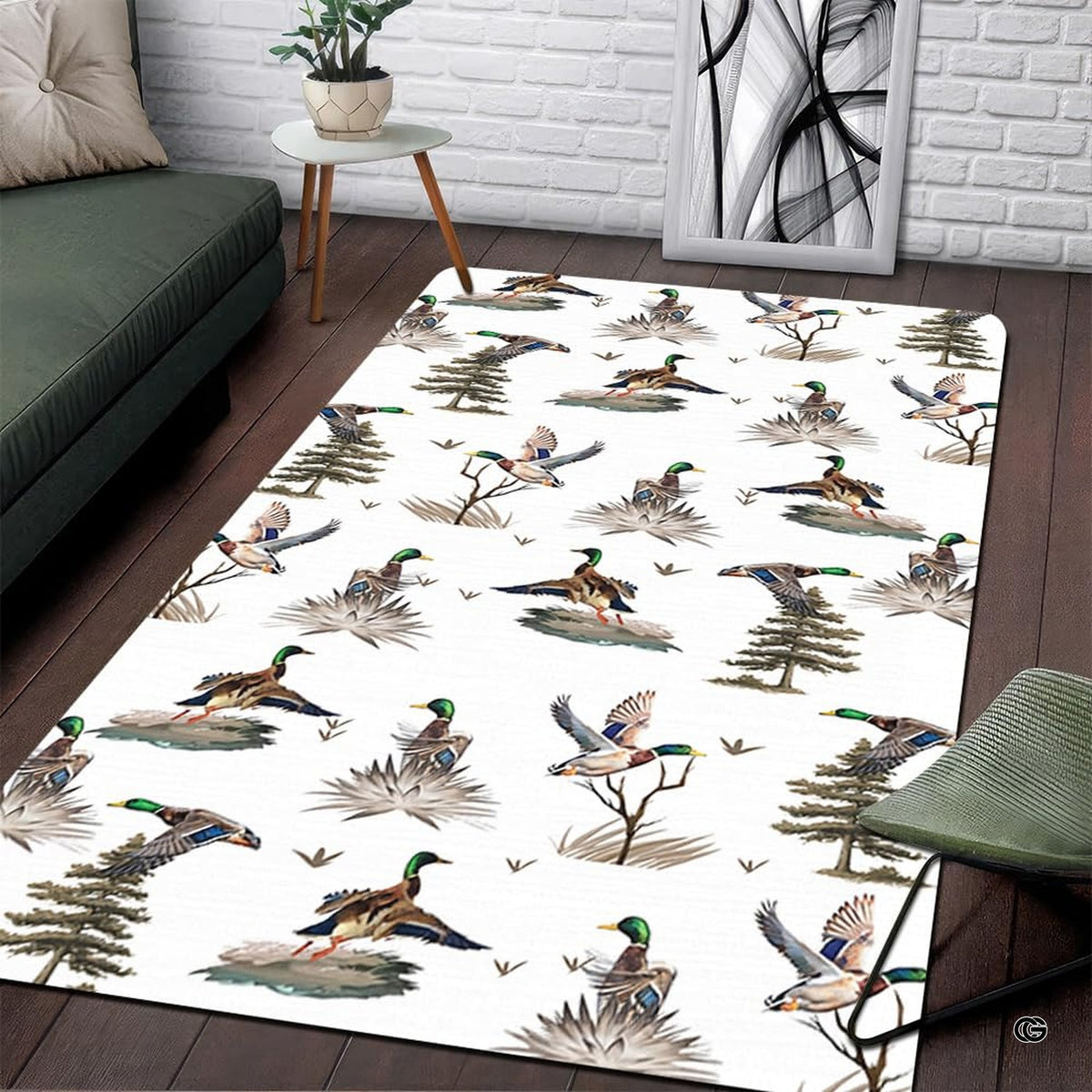 Full overhead view of waterfowl pattern area rug displaying flying mallards and pine trees on a white backdrop. - image 1 of 6