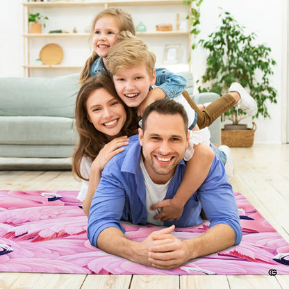Overhead look at a repeating flock of pink flamingos across an accent rug. - thumbnail image 6 of 7