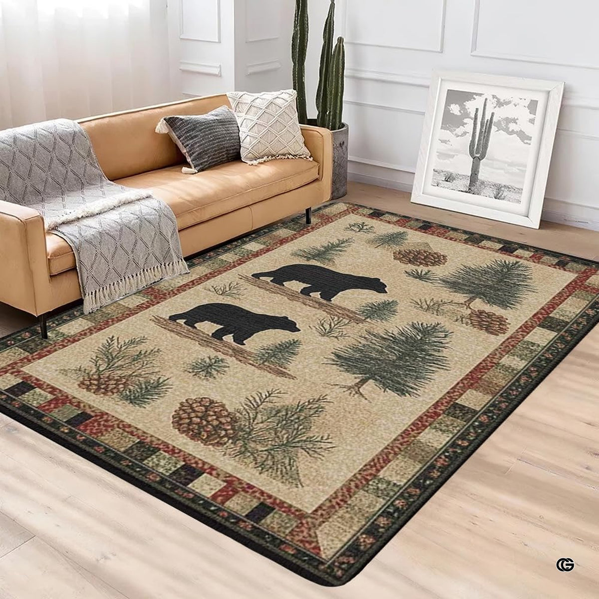 Cabin den layout displaying the rustic bear trail rug centered on flooring