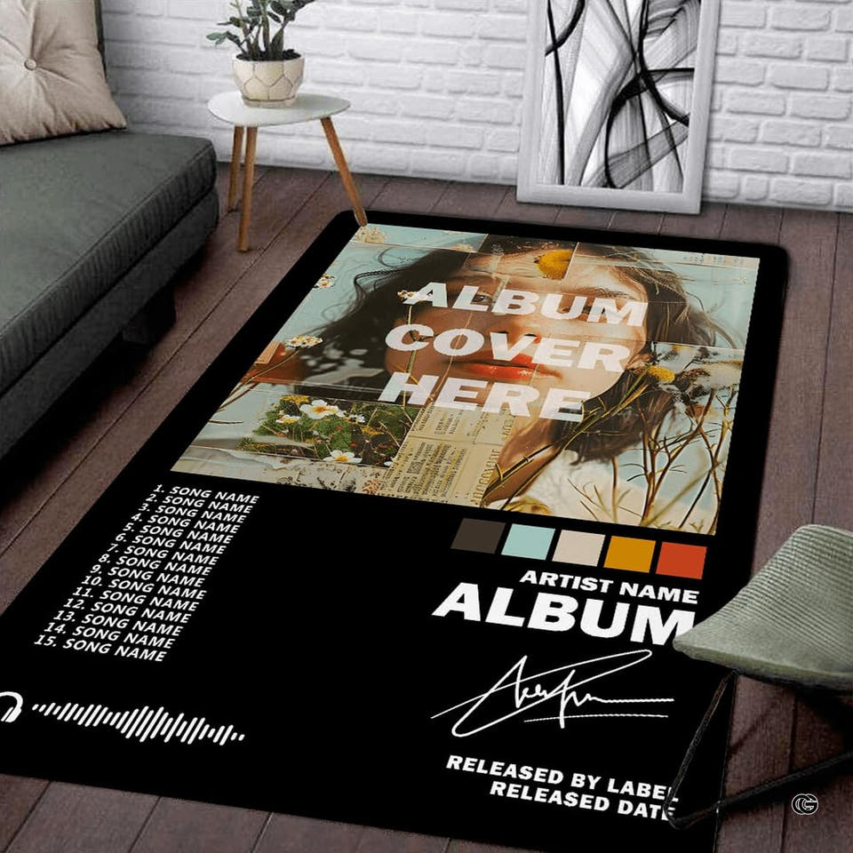 Music inspired area rugs displayed in a modern apartment living room with brown accents.