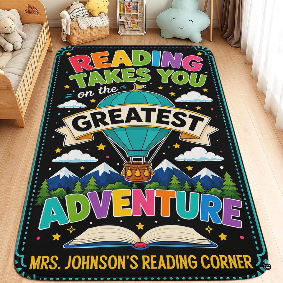 Classroom Area Rug showcasing rocket ship art, glowing stars, and colorful lettering on dark sky backdrop