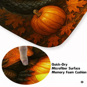 Black winged dragon reading a spellbook while sitting on a carved glowing Halloween pumpkin surrounded by autumn leaves area rug. - thumbnail image 6 of 8