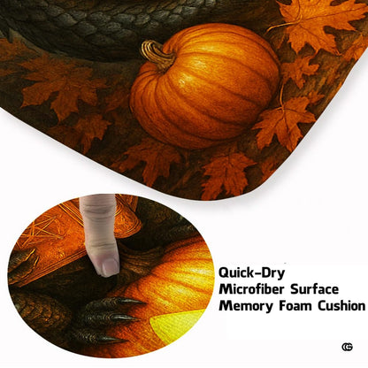 Black winged dragon reading a spellbook while sitting on a carved glowing Halloween pumpkin surrounded by autumn leaves area rug. - thumbnail image 6 of 8