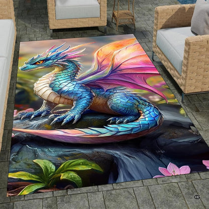 Enchanting mythical dragon rug design showcasing rich stream rocks and glowing forest flora. - thumbnail image 7 of 7