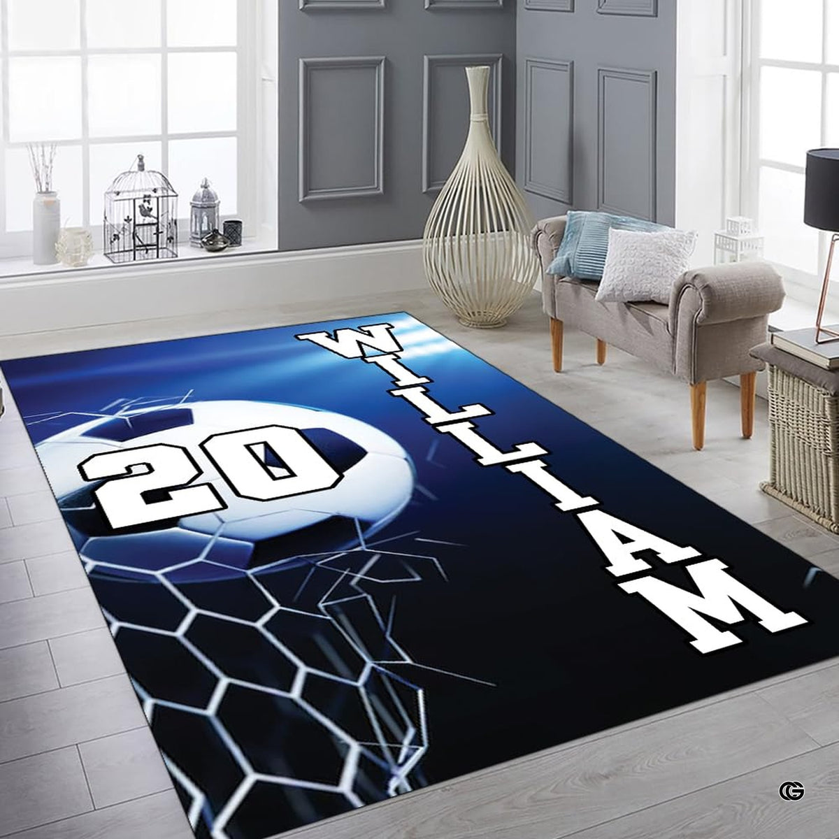 Overhead layout view of the rectangular soccer sports area rug