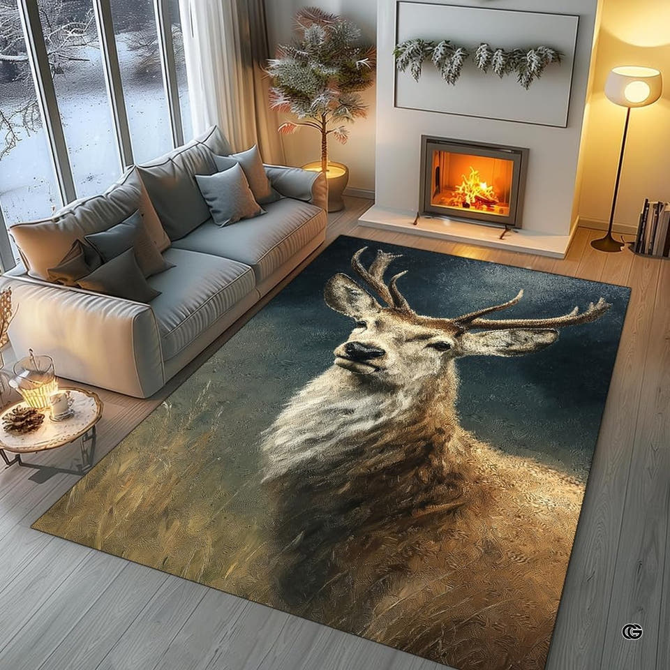 Scottish Highlands stag oil painting portrait area rug in living room by fireplace