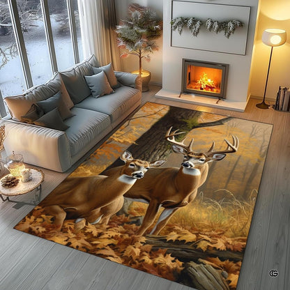 Autumn whitetail buck area rug styled in modern lodge seating arrangement - thumbnail image 5 of 7