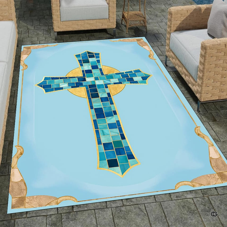 Area rug with blue mosaic cross and golden halo design on patio floor