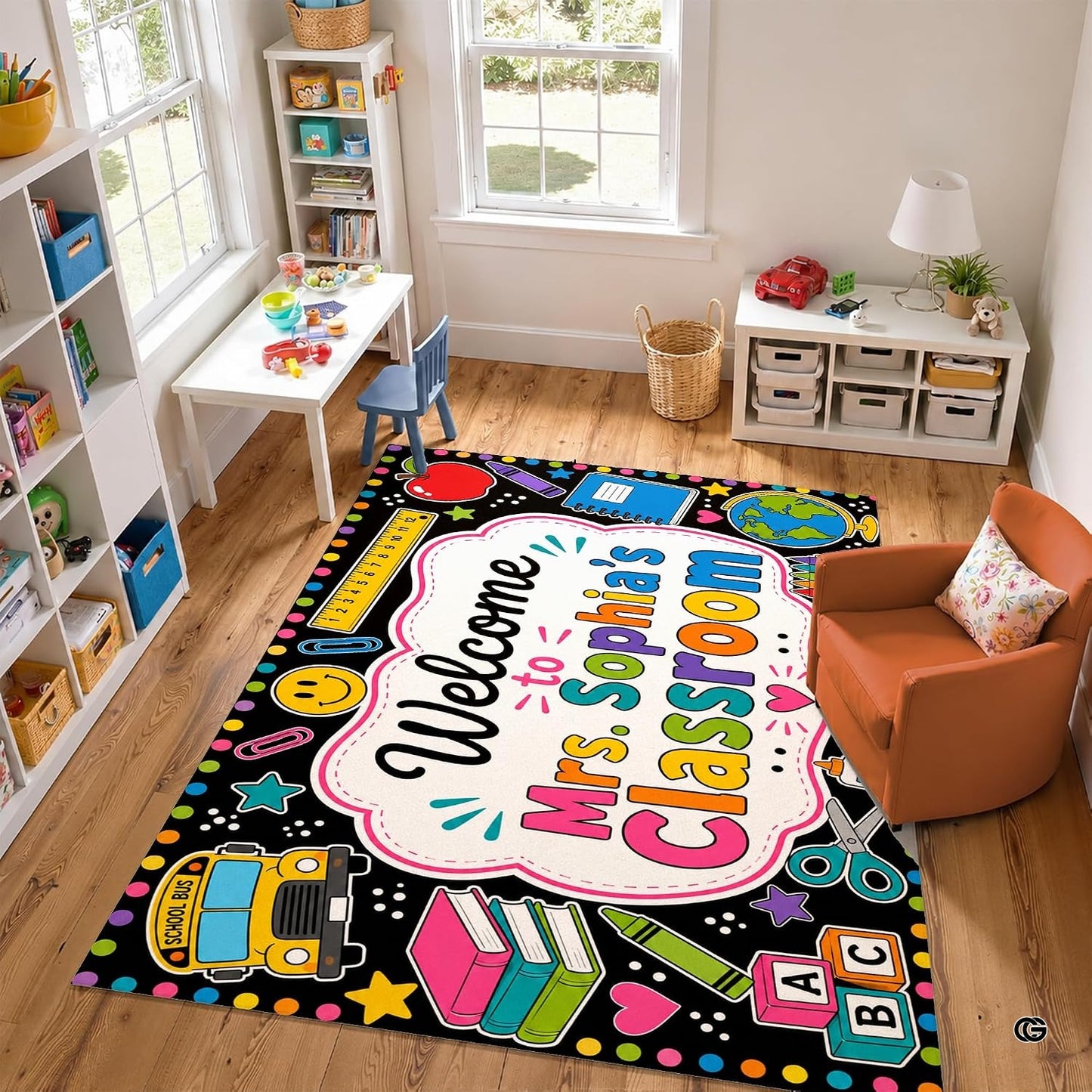 Personalized Teacher Classroom Rug, Custom Back to School Welcome Mat with Name, Kindergarten Preschool Elementary Decor, Composition Notebook Carpet (A07)