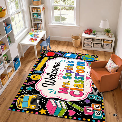 Personalized Teacher Classroom Rug, Custom Back to School Welcome Mat with Name, Kindergarten Preschool Elementary Decor, Composition Notebook Carpet (A07)