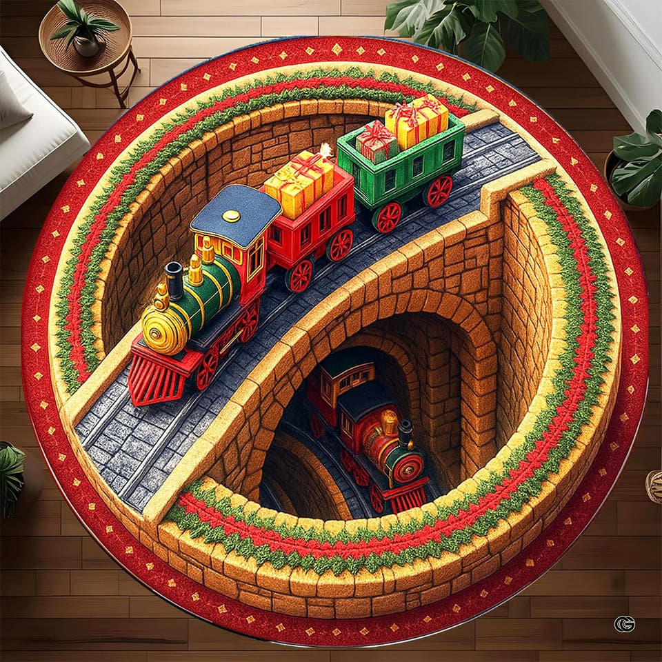 Top-down view of round area rug featuring a 3D stone railway canyon illusion and toy steam trains.