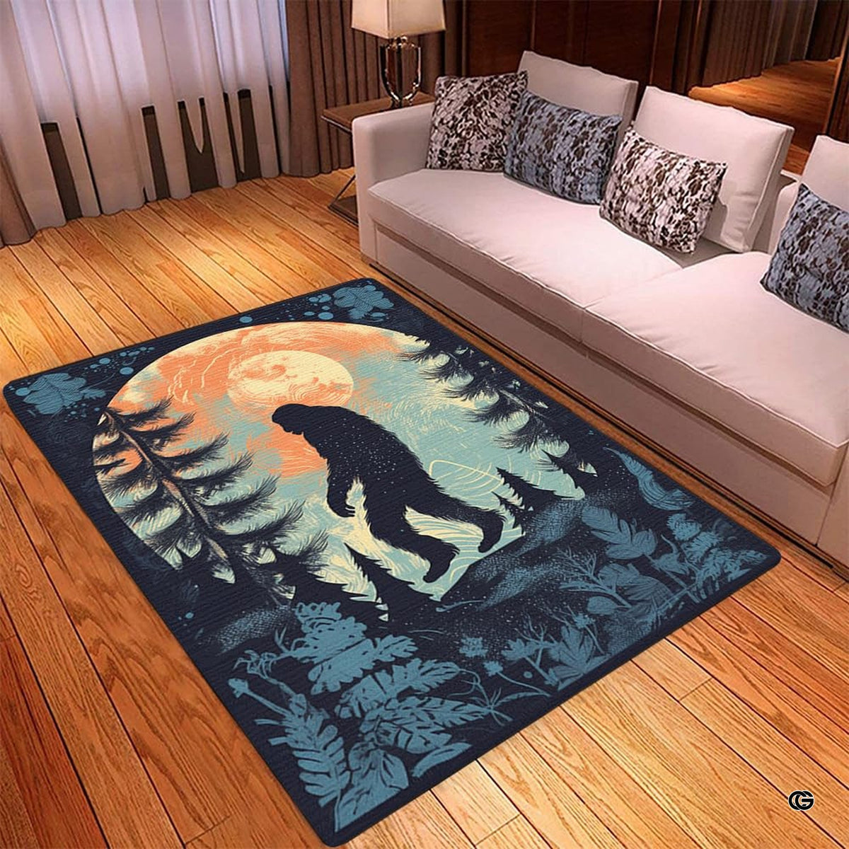 Close up texture detail of Bigfoot area rug soft pile surface and hemmed edges.