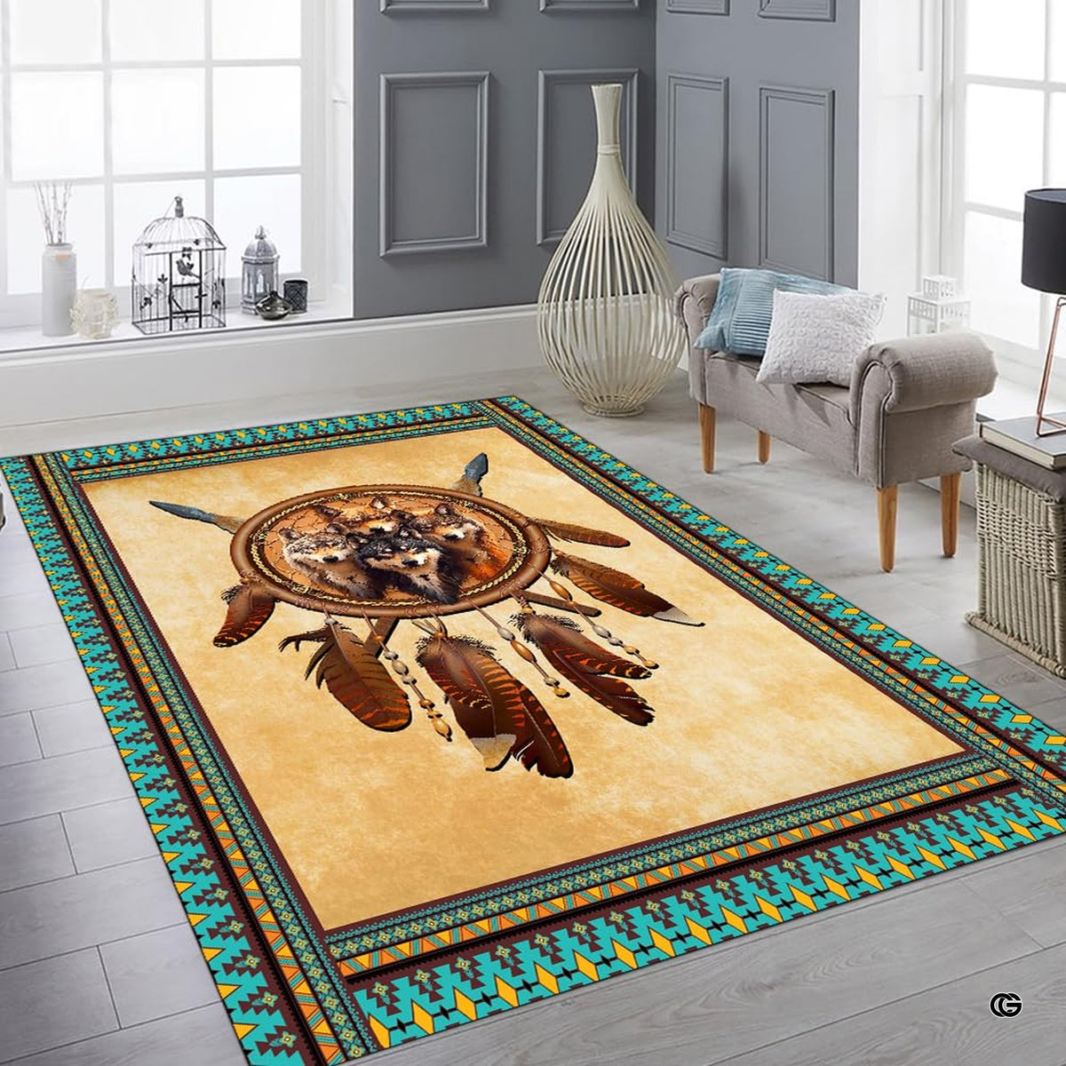Close-up view of the soft microfiber surface, wolf pack artwork, and hanging feathers