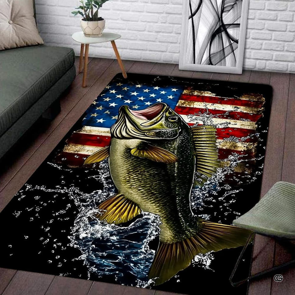 Patriotic American flag bass fishing rectangular area rug displayed on dark wood flooring in a modern living room.