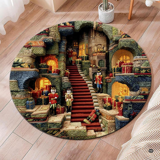 Nutcracker castle grand staircase holiday circular area rug in top overhead view
