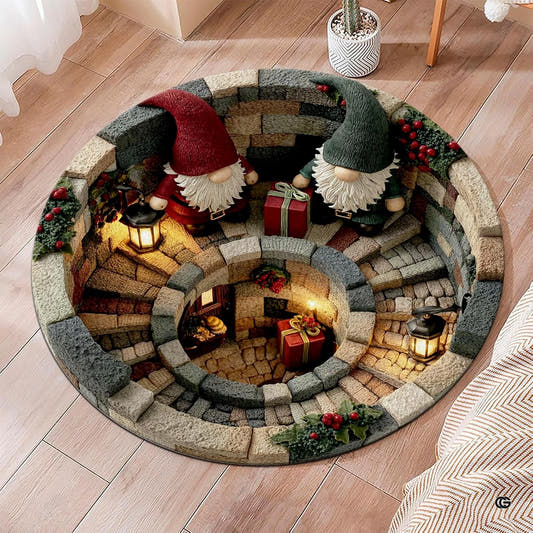 Top-down view of round area rug presenting two Scandinavian gnomes on steps of a spiral stone well illusion.