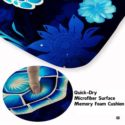 Close up view of illuminated cyan turtle artwork and sea blossoms. - thumbnail image 3 of 7