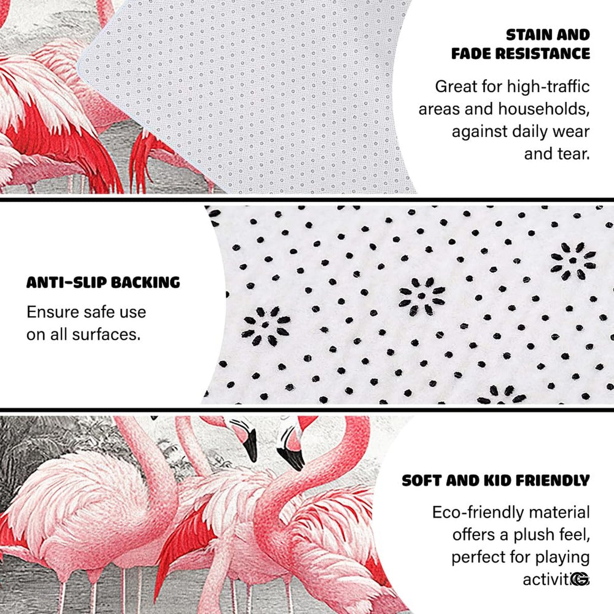 Non-slip rubber backing and bound edge stitching on flamingo floor rug