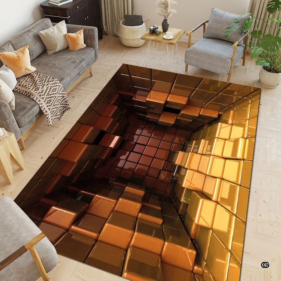 Artistic cubic stepped illusion Area Rug featuring metallic bronze and warm golden geometric blocks in a modern living room