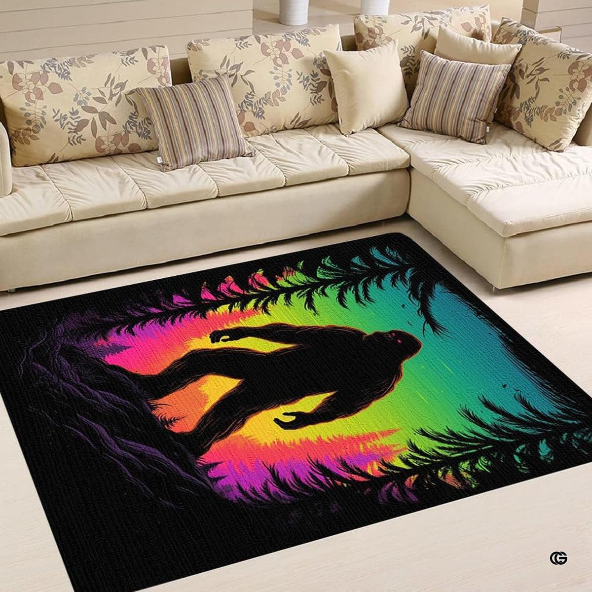 Bigfoot beach floor rug styled in a modern room setting with pine tree silhouette framing.