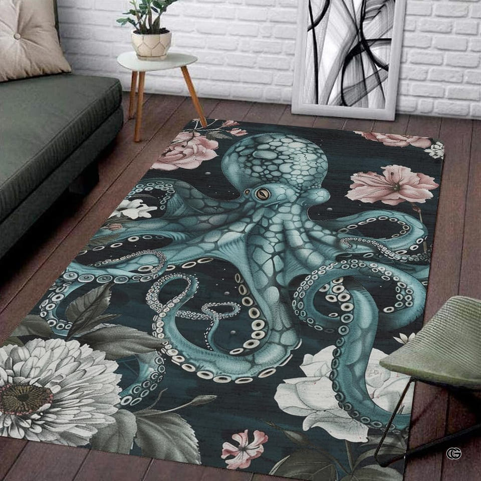 Ocean area rug showing vintage teal octopus tentacles entwined with white chrysanthemums on navy.